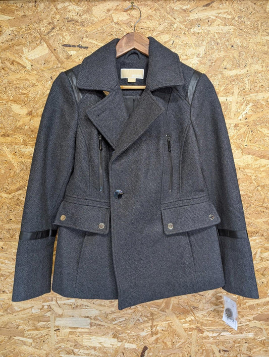 Michael Kors Peacoat Jacket Small Women Faux Leather Trim Charcoal Wool Blend