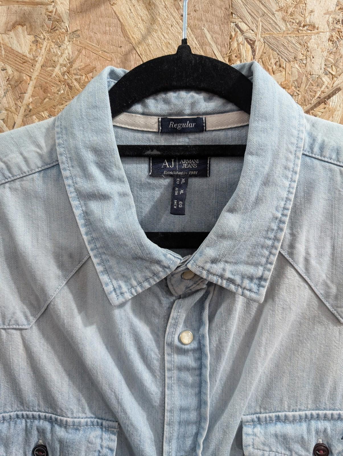 Armani Jeans Shirt Men XL Regular Cotton Button-Up Light Blue Denim Logo Vintage