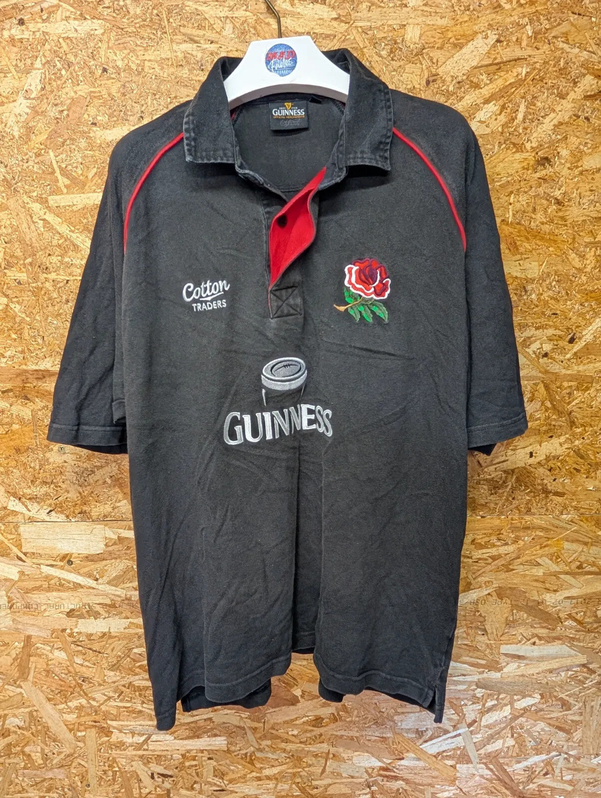 Vintage Guinness England Rugby Top Mens XL Black Cotton Embroidered Button 90s