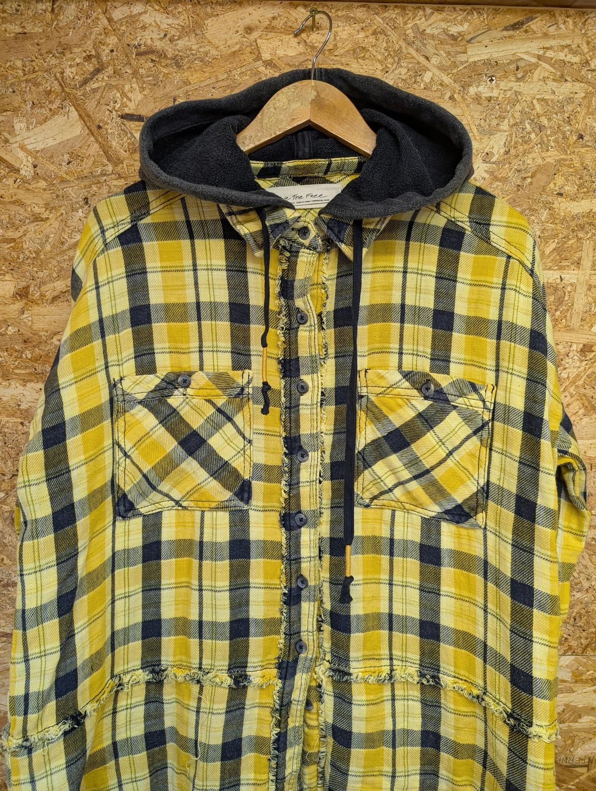 We The Free People Shirt XS Women Hooded Distressed Yellow Black Plaid Button-Up
