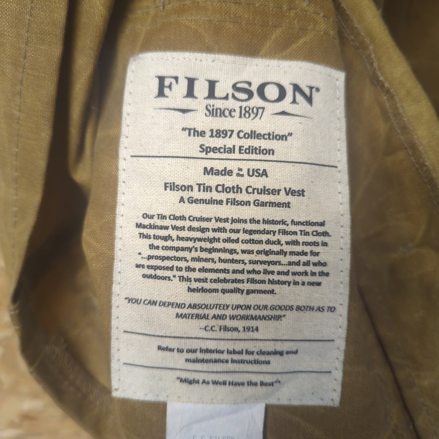 Filson Tin Cloth Vest Made In USA 1897 Collection Waxed Gilet Body Warmer 42 L