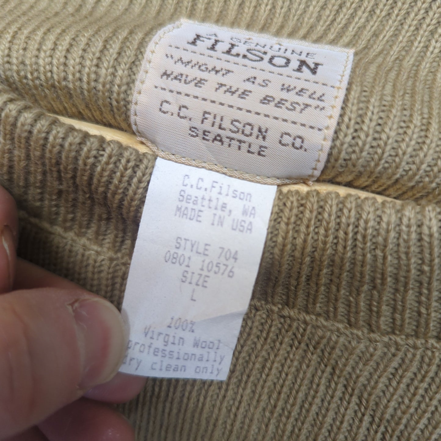 Filson Tan Brown Wool Crew Neck Jumper Suede Hunting Shooting Sweater USA Large