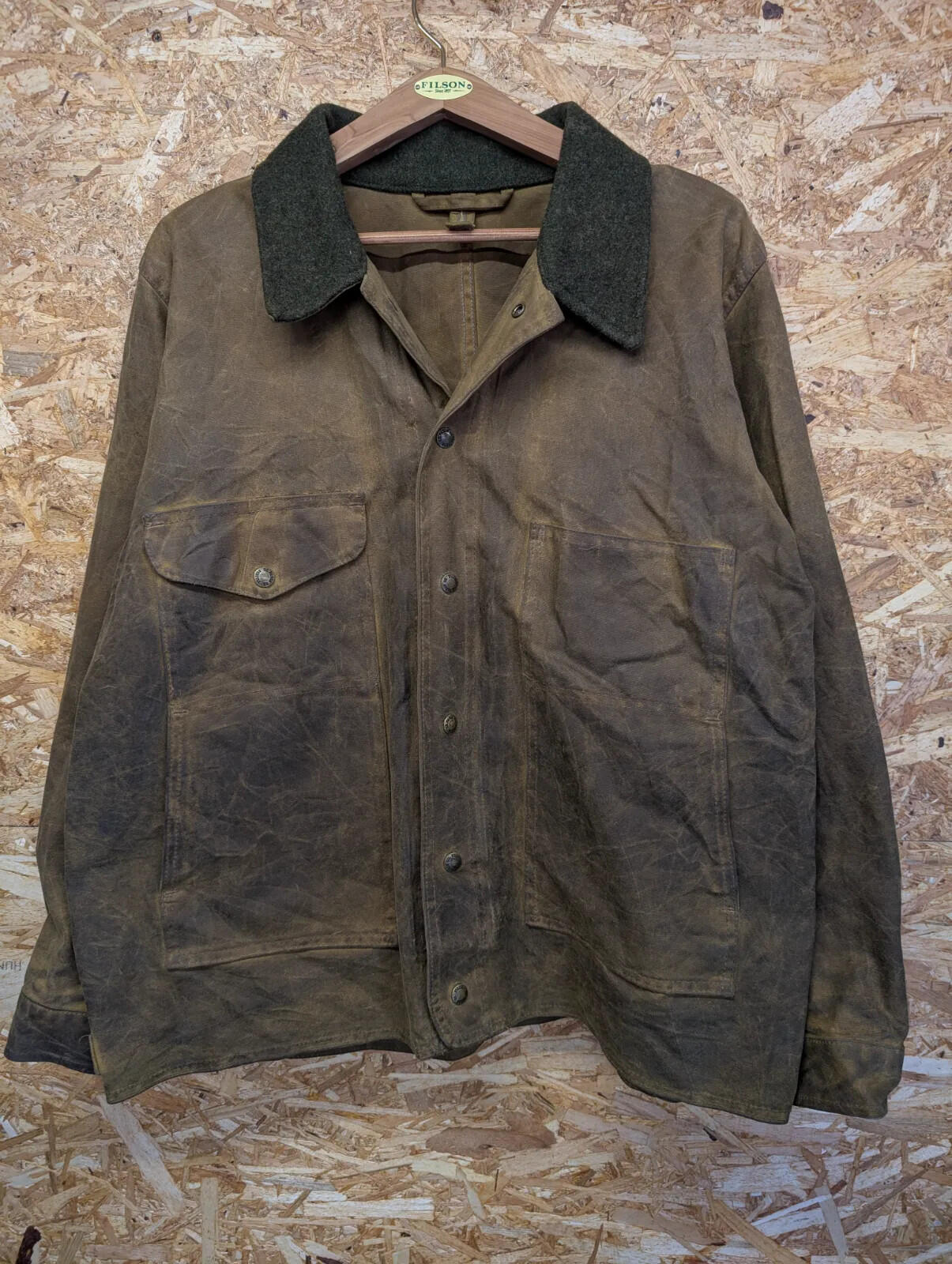 Filson Tin Cloth Cruiser Jacket Men XL Brown Snap USA Oil Waxed Packer Mackinaw