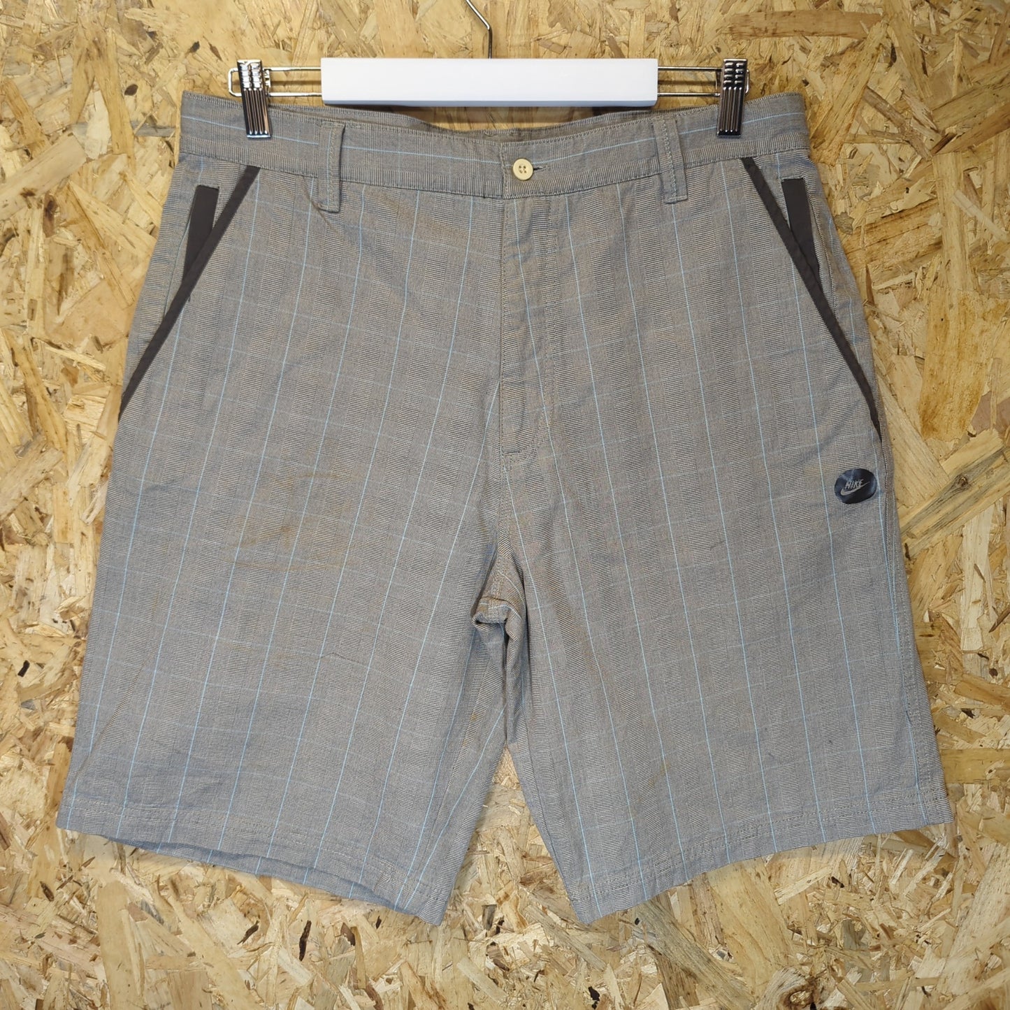 Nike Beige Blue Check Chino Pocket Shorts Cotton Baggies Canvas Mens Medium W34