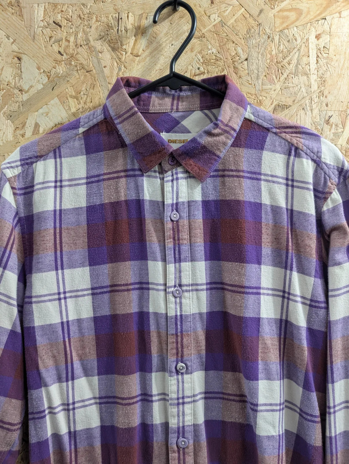 Diesel Shirt Mens Medium Purple Cream Plaid Flannel Long Sleeve Cotton Check