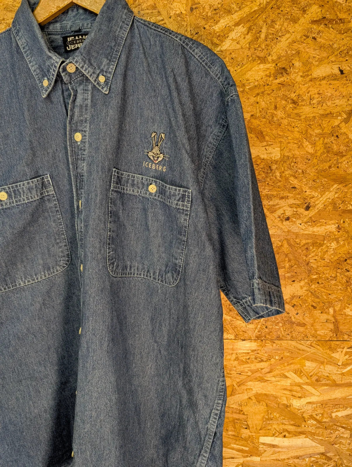 Vintage Iceberg Jeans Shirt Mens XL Blue Denim Short Sleeve Embroidered 90s