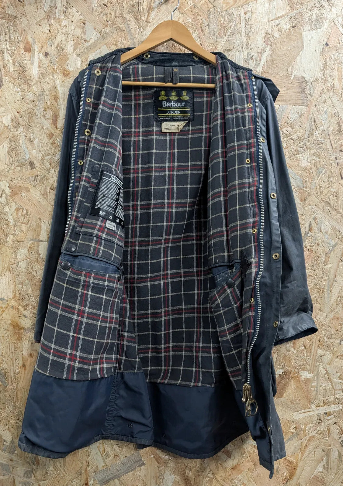 Barbour Border Wax Coat Men Small C36 91cm Navy Cotton Tartan Lining Cord Collar