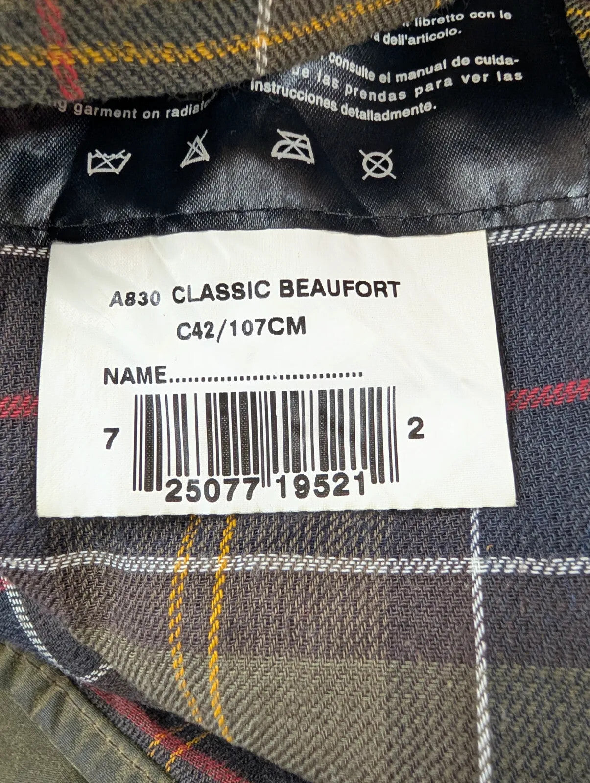 Barbour Classic Beaufort Wax Jacket Mens Large C42 Olive Green Cotton Tartan