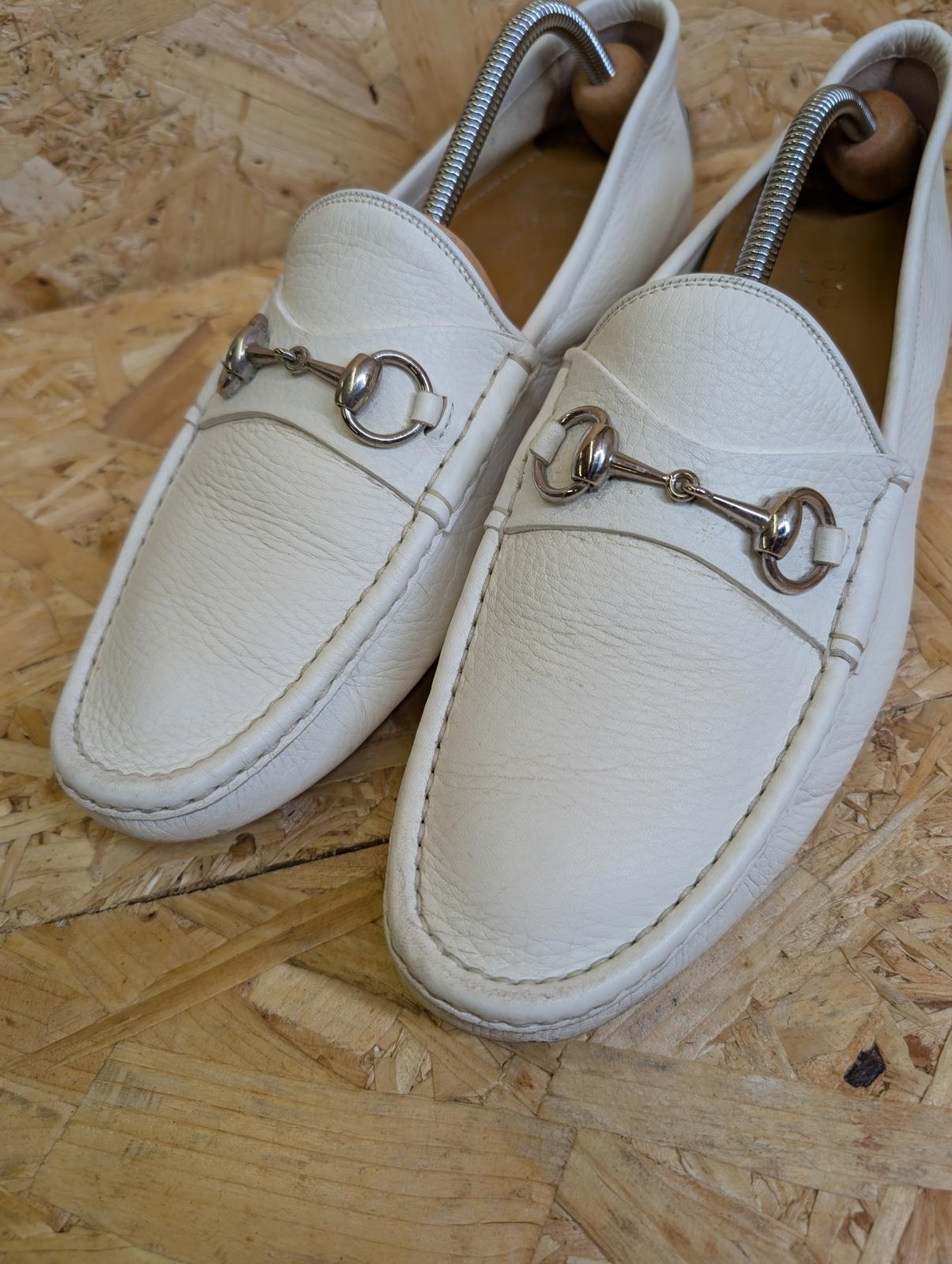 Gucci Loafers Mens 9 UK 43 EU White Full Grain Leather Driving Shoes Buckle