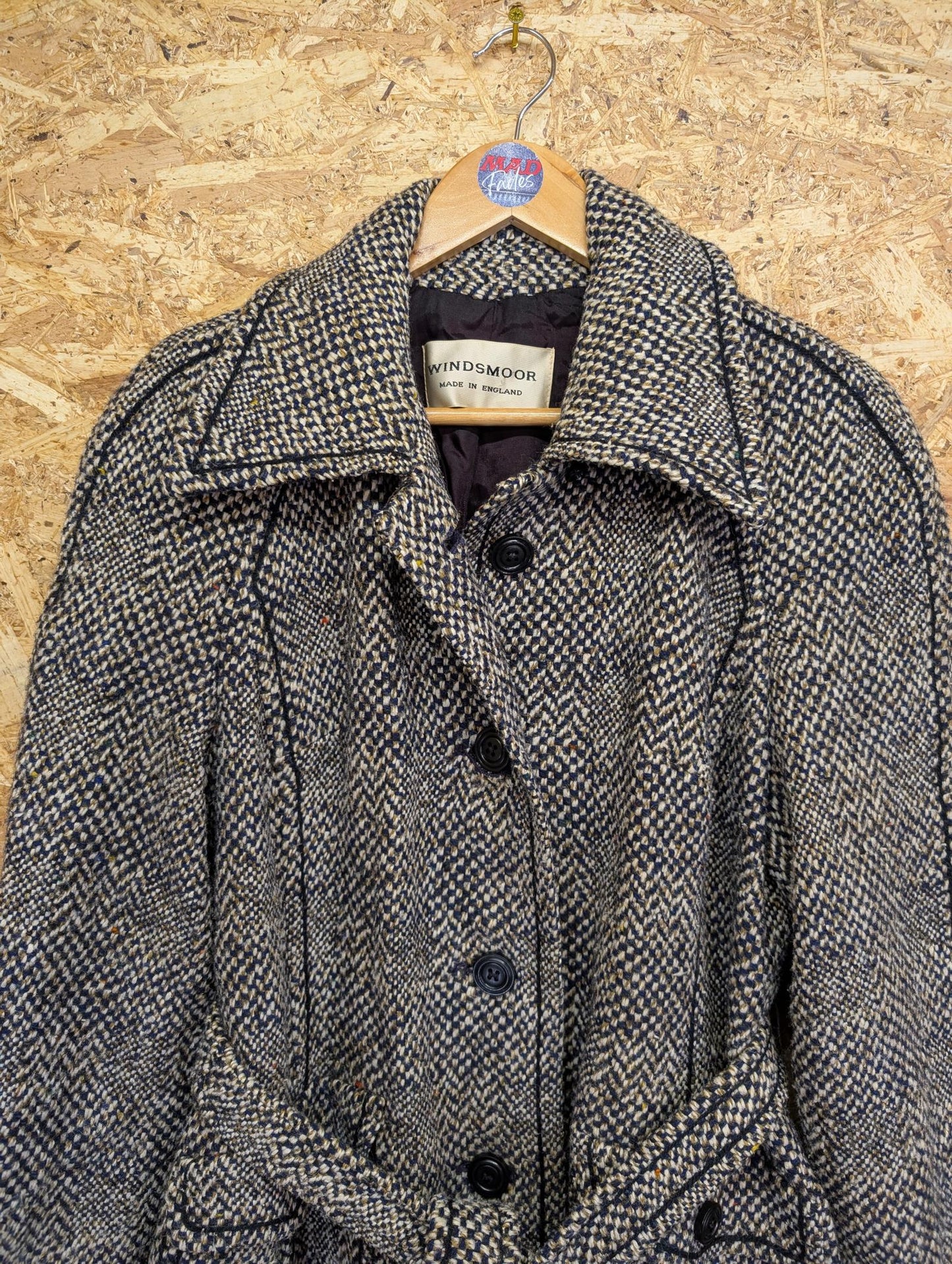 Windsmoor Wool Tweed Trench Coat Mac Long Blue White Made in England Size 14