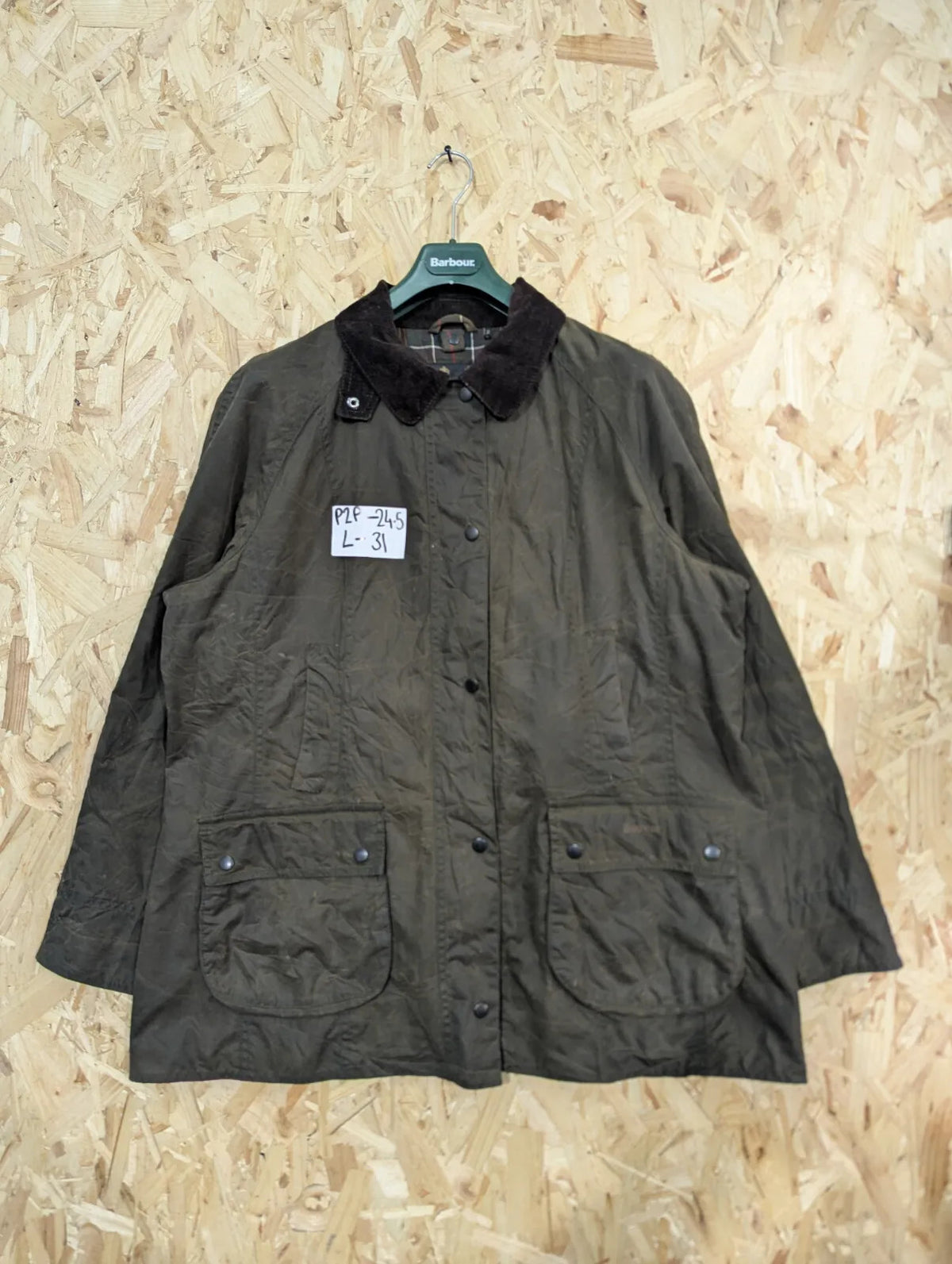 Barbour Beadnell Wax Jacket Womens UK20 Olive Green Tartan Liner Cord Collar
