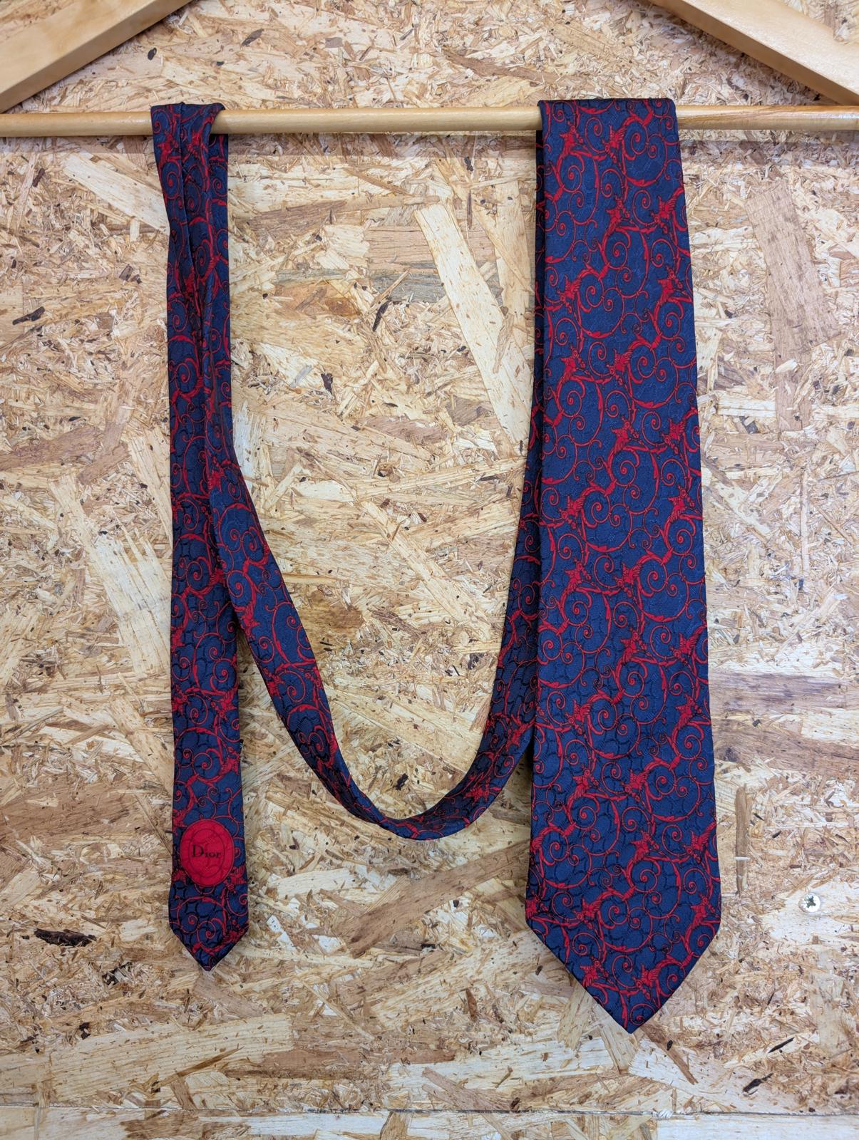Christian Dior Monsieur Silk Tie 60" 152cm Made In France Navy Blue Red Pattern