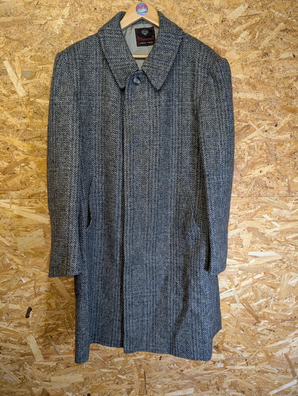 Vintage Tweed Overcoat Large Grey Blue Wool Herringbone Button Up Diamond 70s