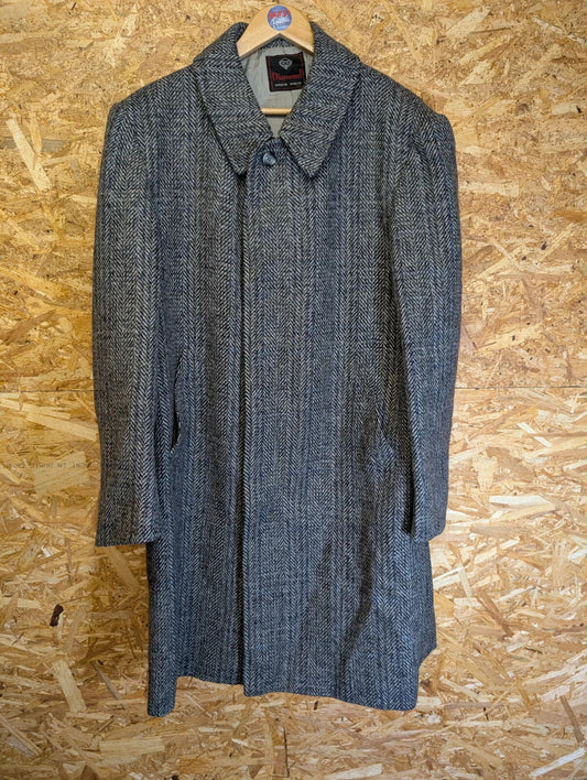 Vintage Tweed Overcoat Large Grey Blue Wool Herringbone Button Up Diamond 70s