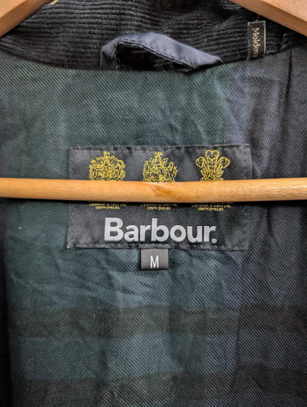 Barbour Gailey Wax Jacket Men Medium Navy Blue Waxed Cotton Padded Cord Collar