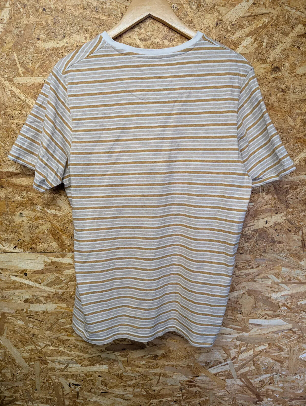 Folk Clothing Crew Neck T-Shirt Large White Beige Mustard Stripe Short Sleeve