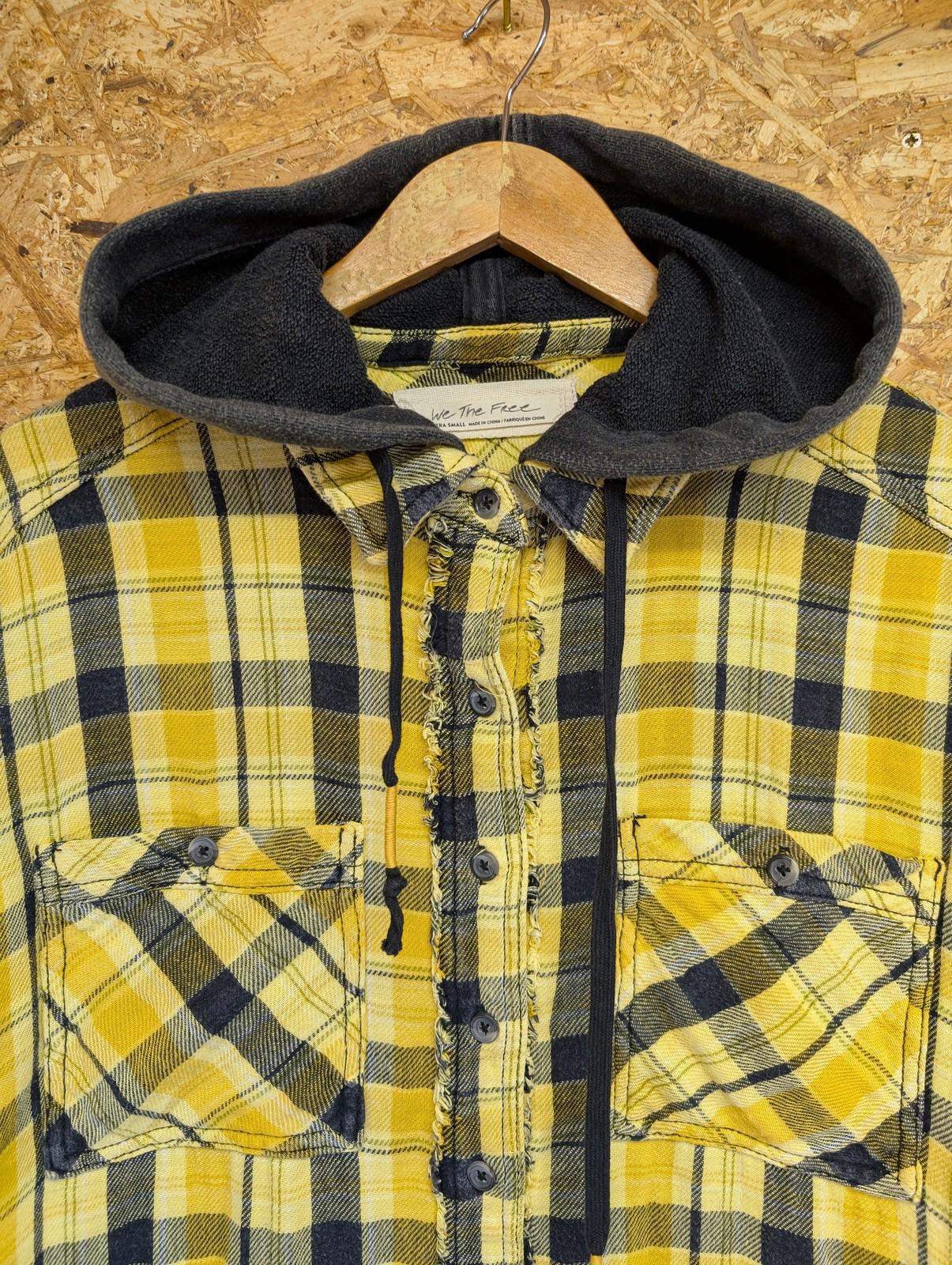 We The Free People Shirt XS Women Hooded Distressed Yellow Black Plaid Button-Up