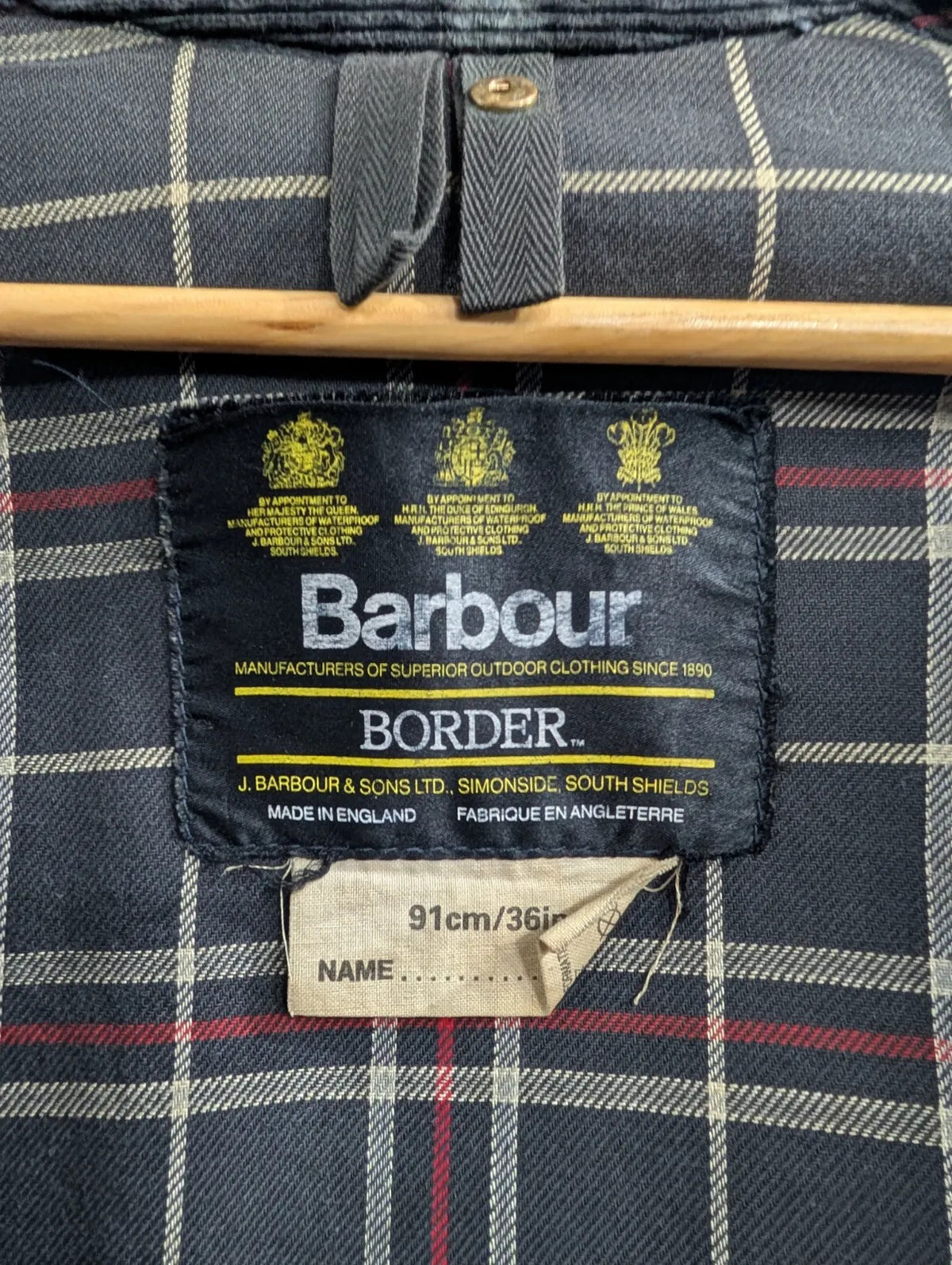 Barbour Border Wax Coat Men Small C36 91cm Navy Cotton Tartan Lining Cord Collar