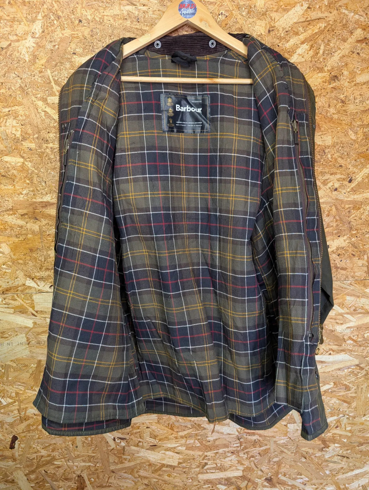 Barbour Classic Beaufort Wax Jacket Mens Large C42 Olive Green Cotton Tartan