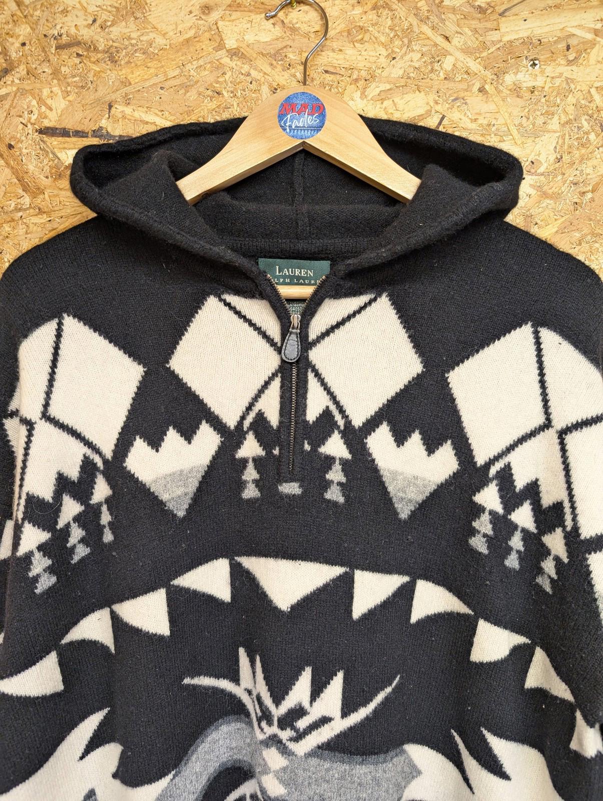 Ralph Lauren Aztec Hoodie Large Women Wool Black White Long-Line Zip Side RRL