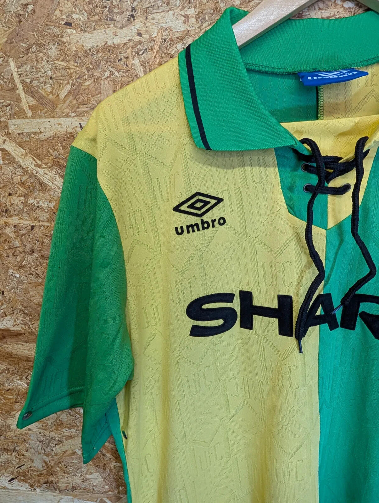 Eric Cantona Era 1992-94 Medium Vintage Green Yellow Man United Shirt Mens Retro