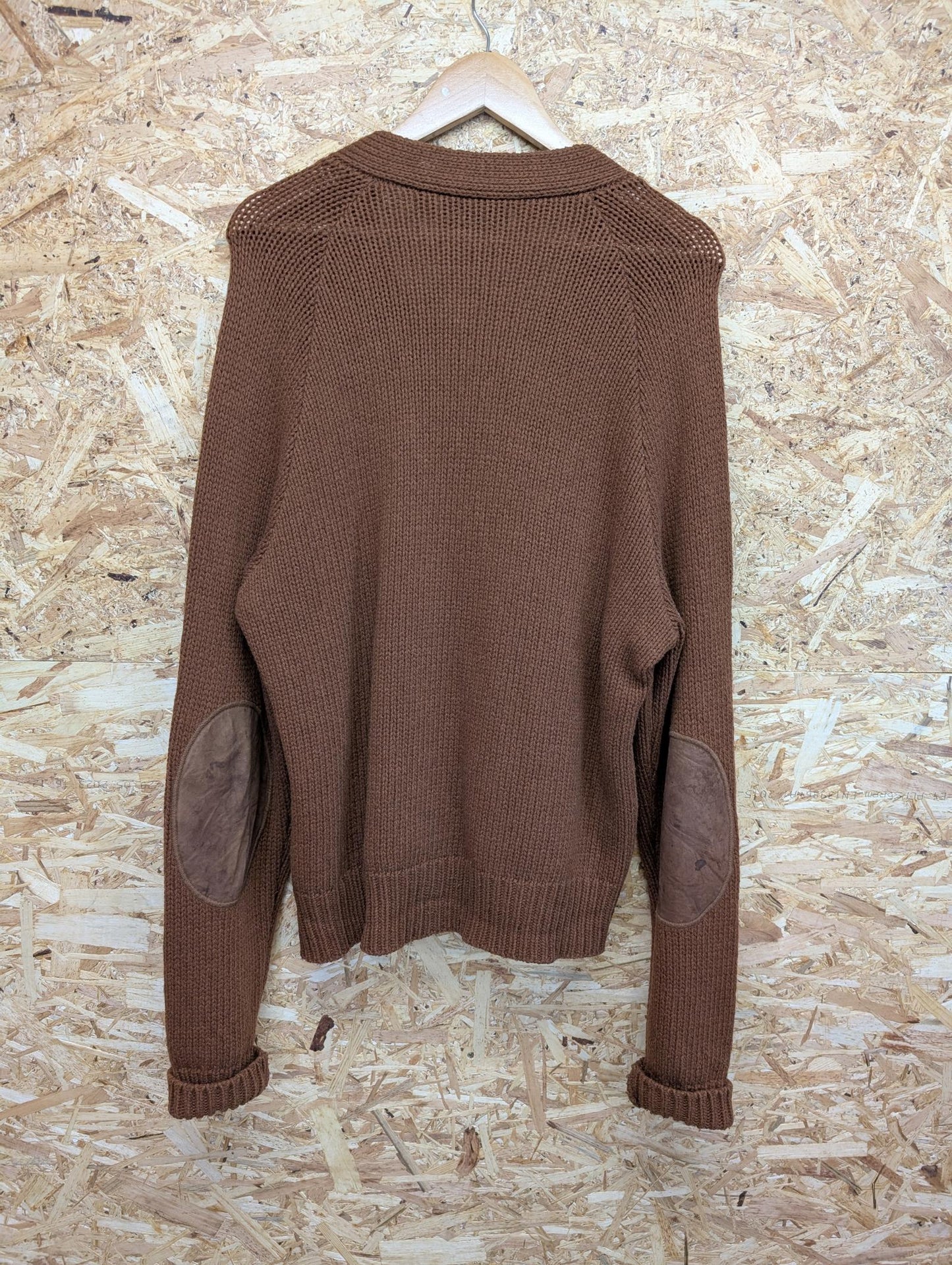 Dolce & Gabbana Large Cable Knit Cardigan Vintage 80s Brown Wool Leather Suede
