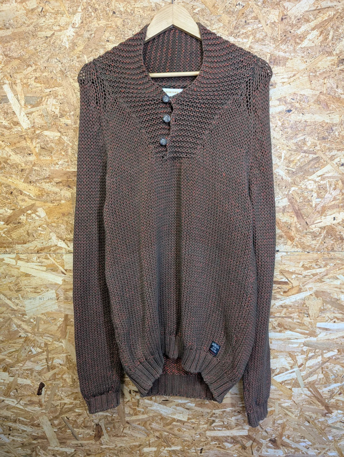 Diesel Chunky Knit Jumper Men XL Brown Orange Speckle Cotton Button Shawl Collar