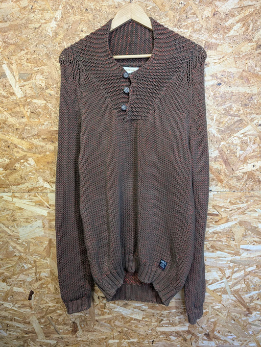 Diesel Chunky Knit Jumper Men XL Brown Orange Speckle Cotton Button Shawl Collar