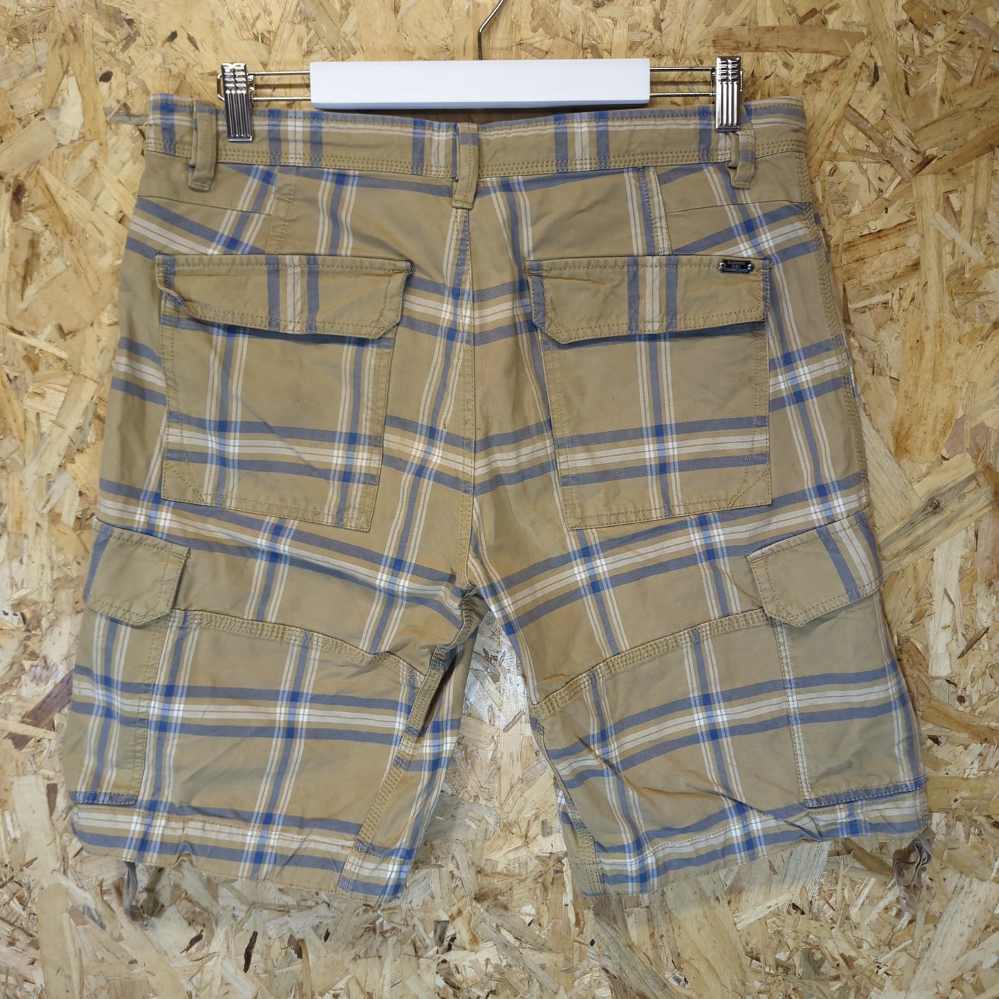 Diesel Beige Blue Check Cargo Pocket Shorts Cotton Baggies Canvas Mens Size W32