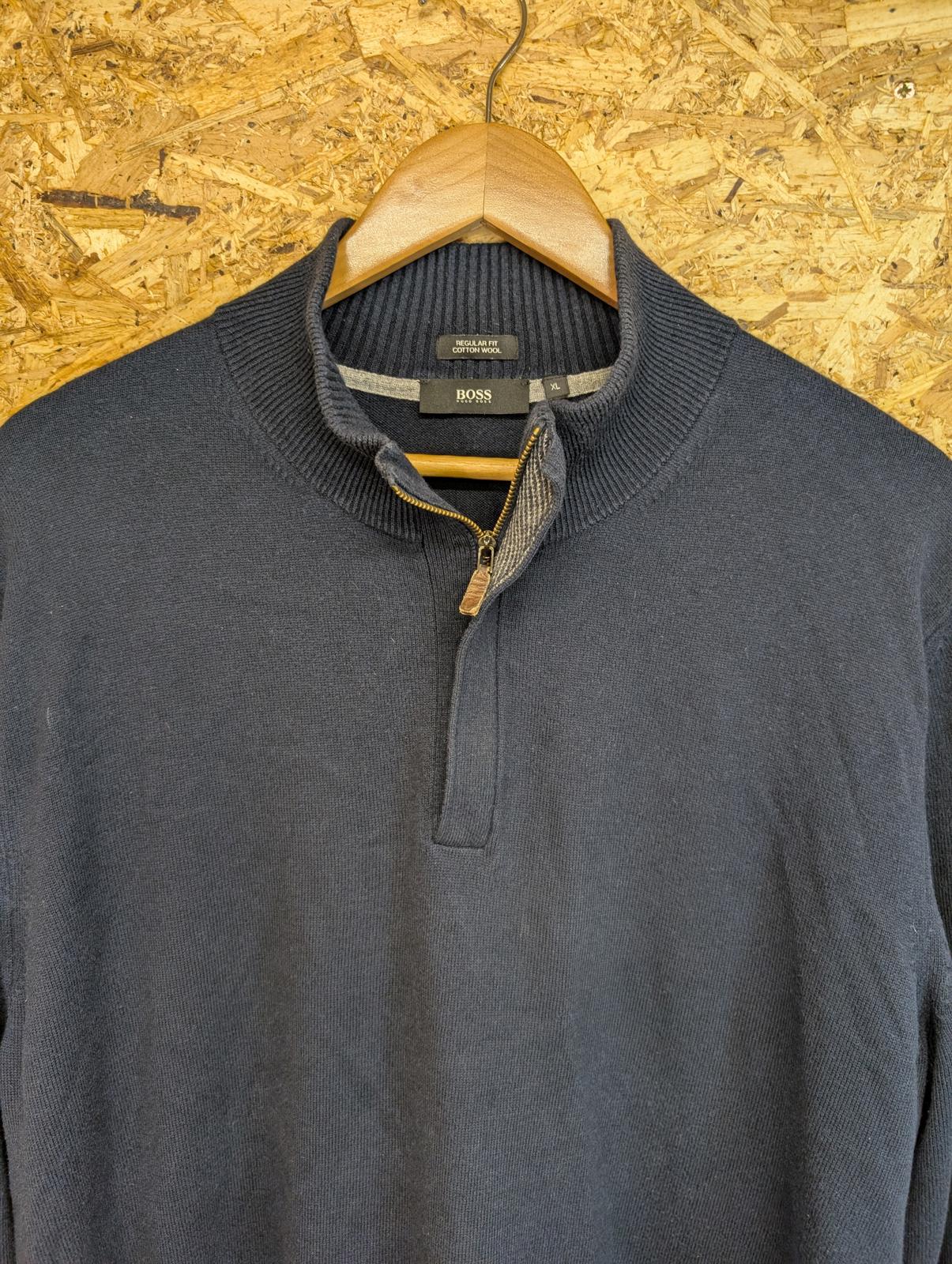 Hugo Boss Navy Blue Mens XL Sweater Cotton Wool Collared 1/4 Zip
