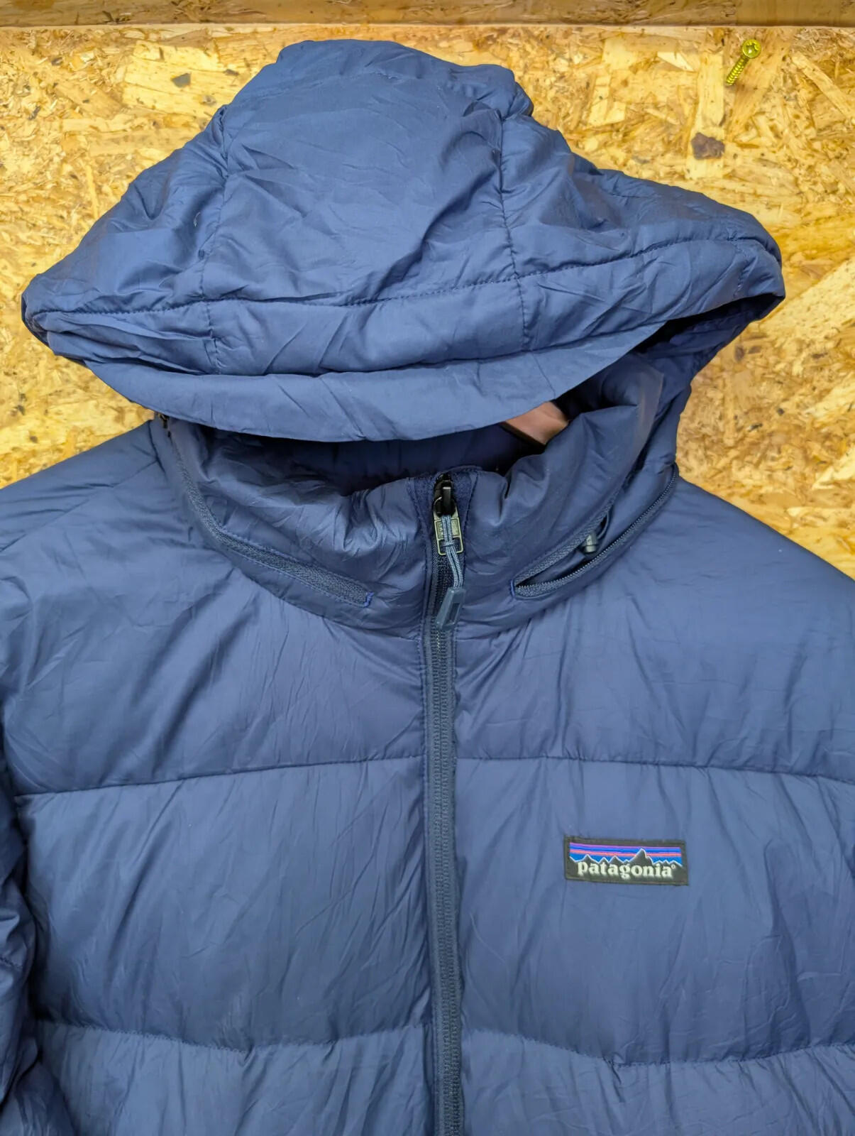 Patagonia Silent Down Jacket Mens Medium Hooded Puffer Blue Down Duck Insulated