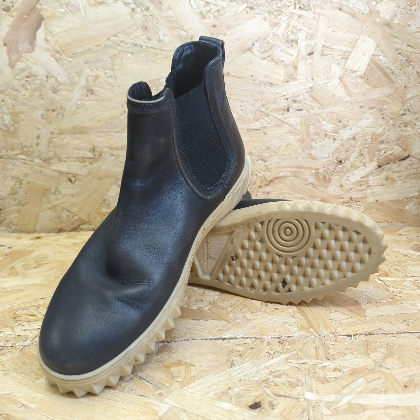 Salvatore Ferragamo Talos Lead Grey Calf Leather Black Chelsea Sneakers 8 UK 42