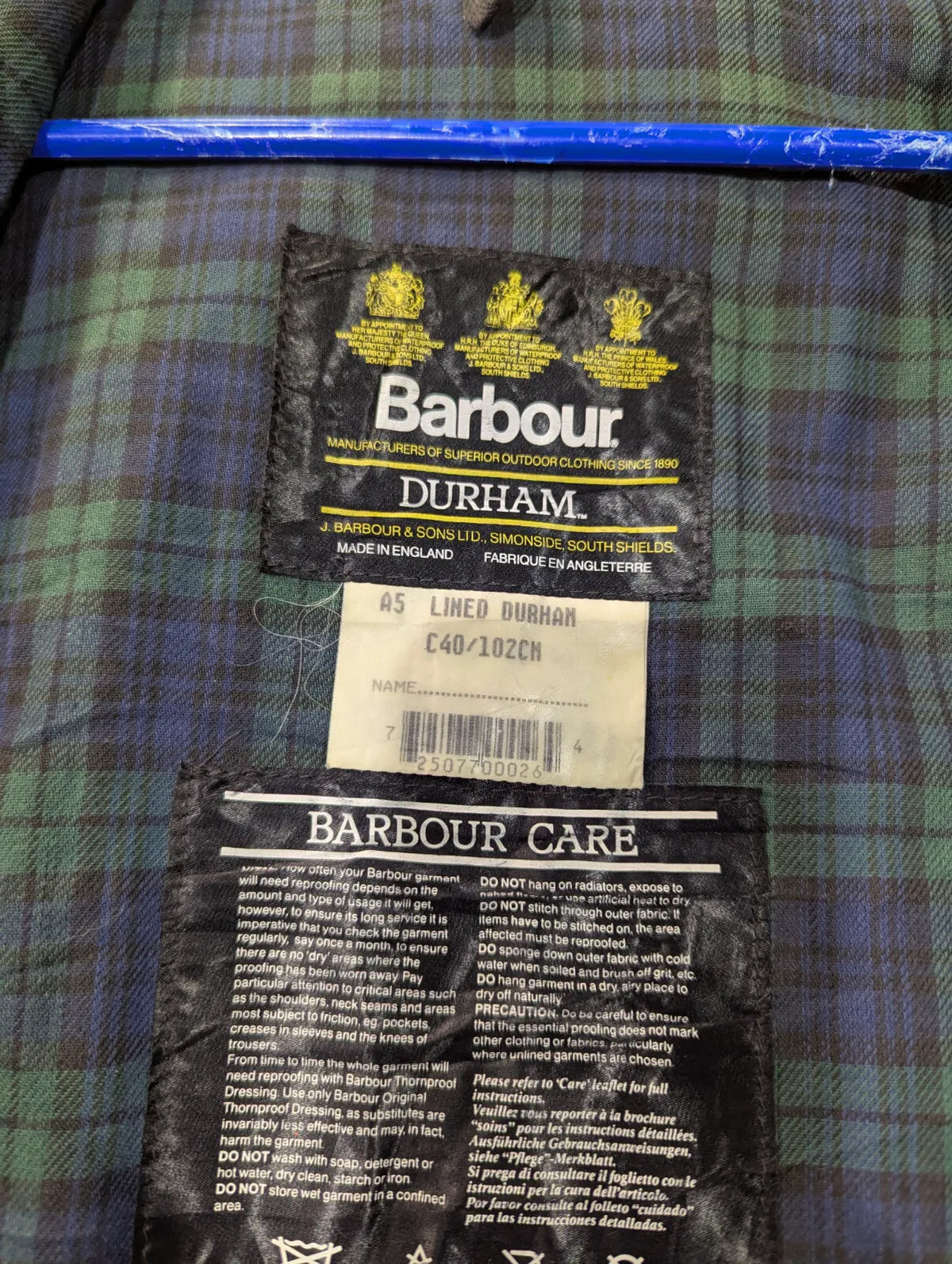 Vintage Barbour Durham Wax Jacket Mens C40 Medium A5 Black Navy Blue Tartan 90s