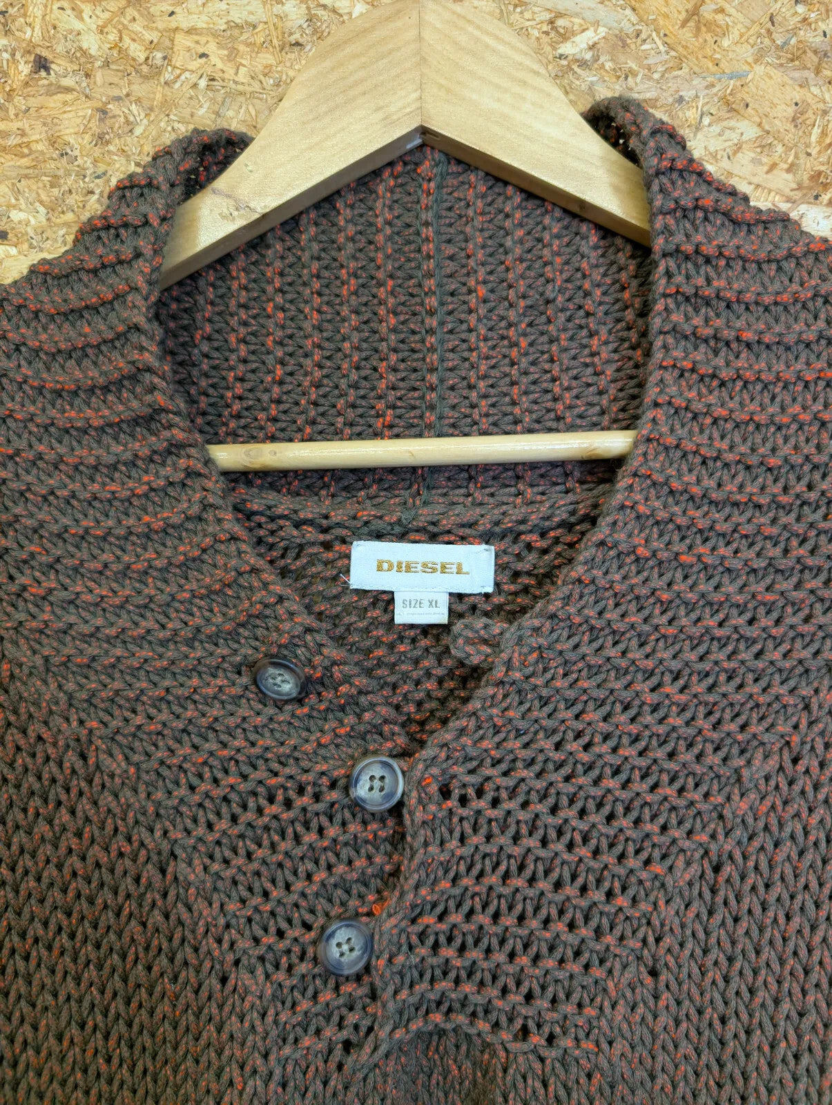 Diesel Chunky Knit Jumper Men XL Brown Orange Speckle Cotton Button Shawl Collar