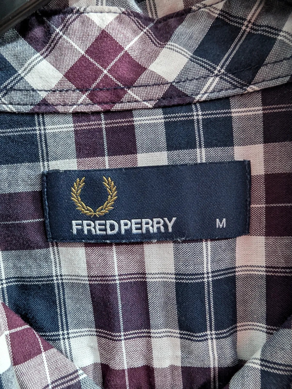 Fred Perry Shirt Men Medium Navy Burgundy White Check L/S Button Down Collar