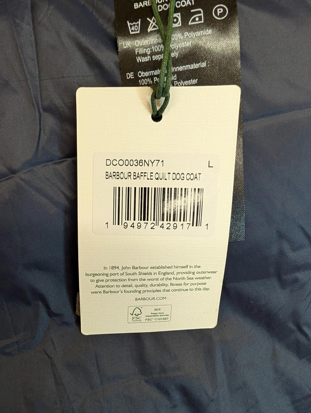 Barbour Baffle Quilt Dog Coat Unisex Large Winter Apparel Navy Blue