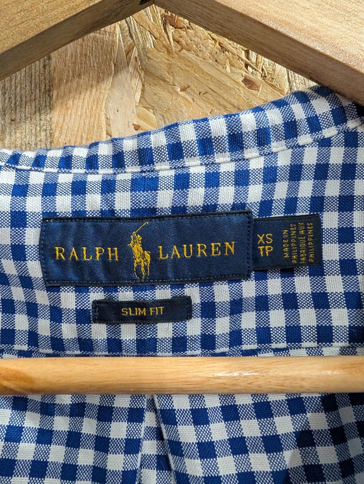 Ralph Lauren Shirt XS Men Blue White Gingham Check L/S Button Collar Polo Slim