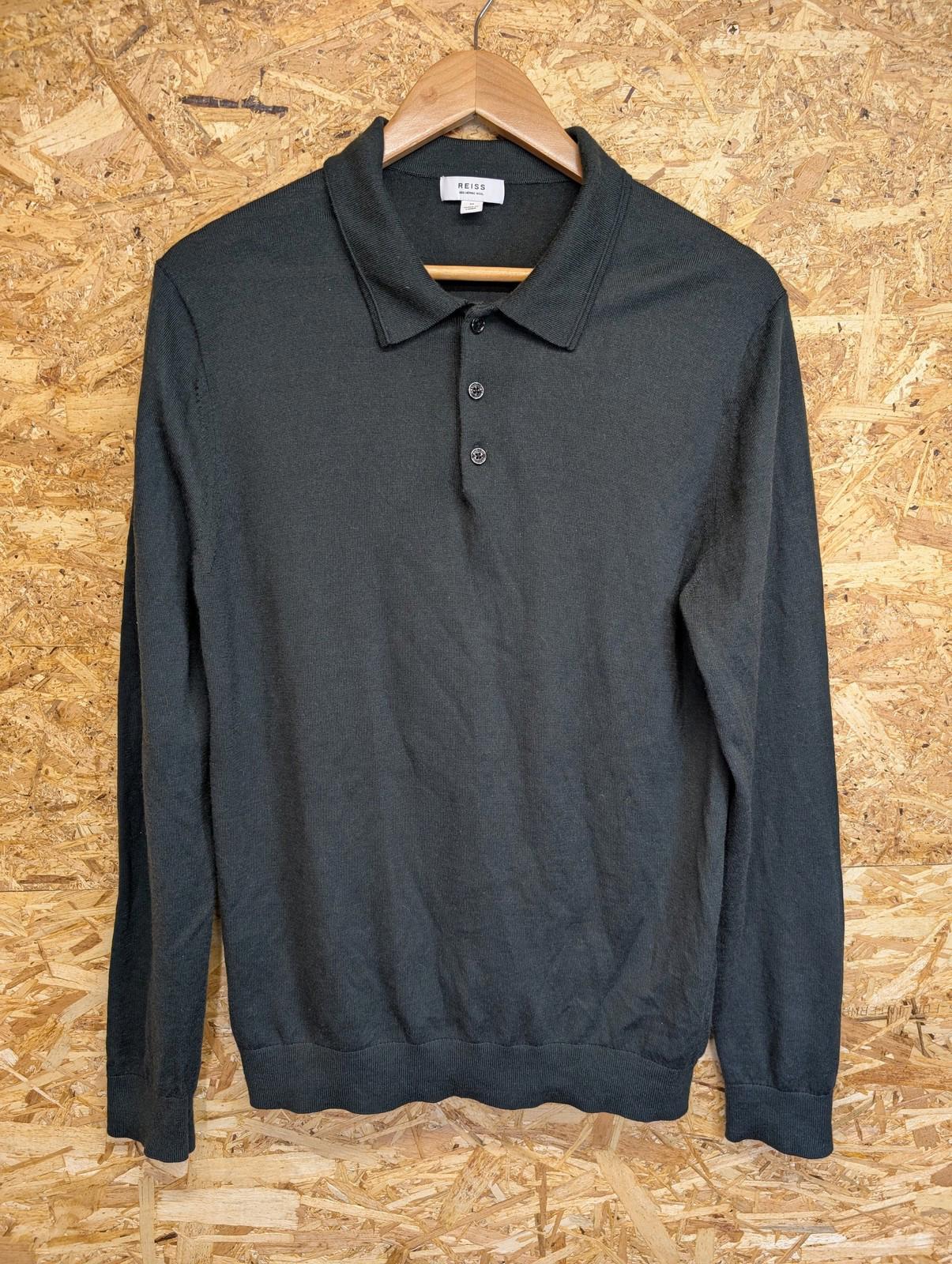 Reiss Polo Shirt Mens Medium Merino Wool Long Sleeve Dark Green Casual Style