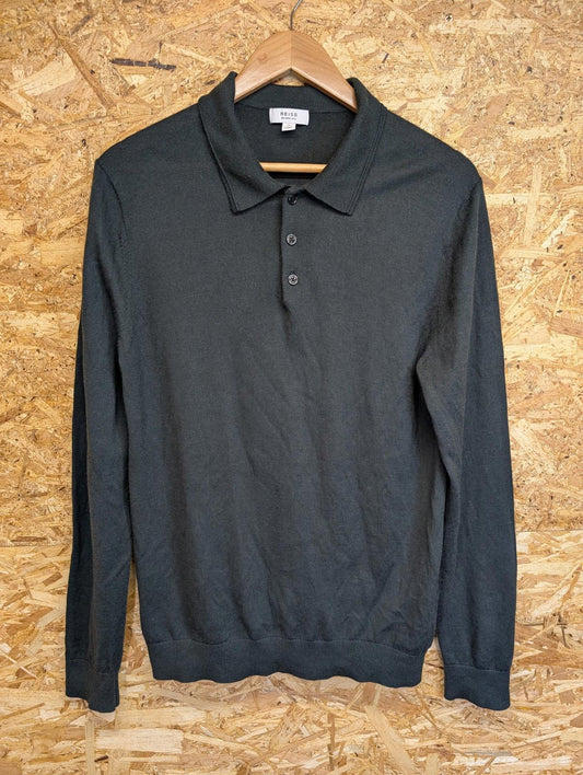 Reiss Polo Shirt Mens Medium Merino Wool Long Sleeve Dark Green Casual Style