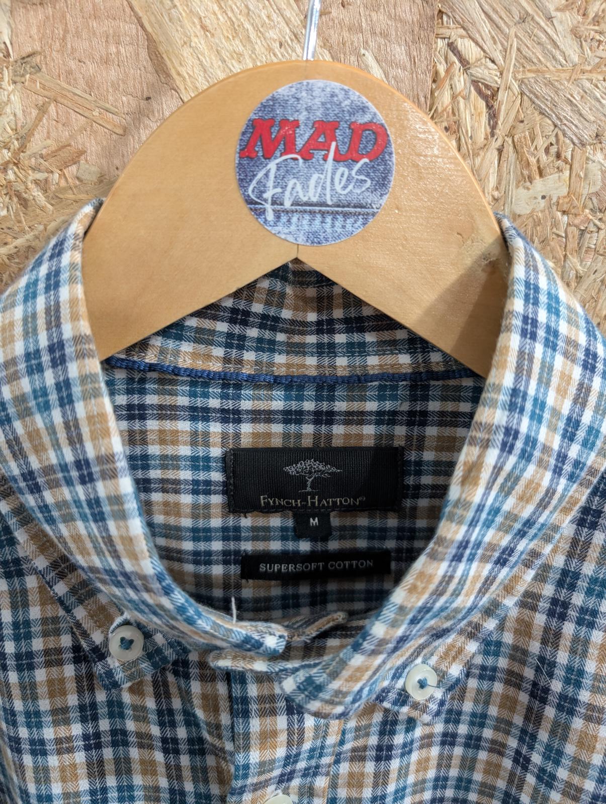 Fynch Hatton Shirt Mens Medium Long Sleeve Pocket Teal Mustard Navy White Check