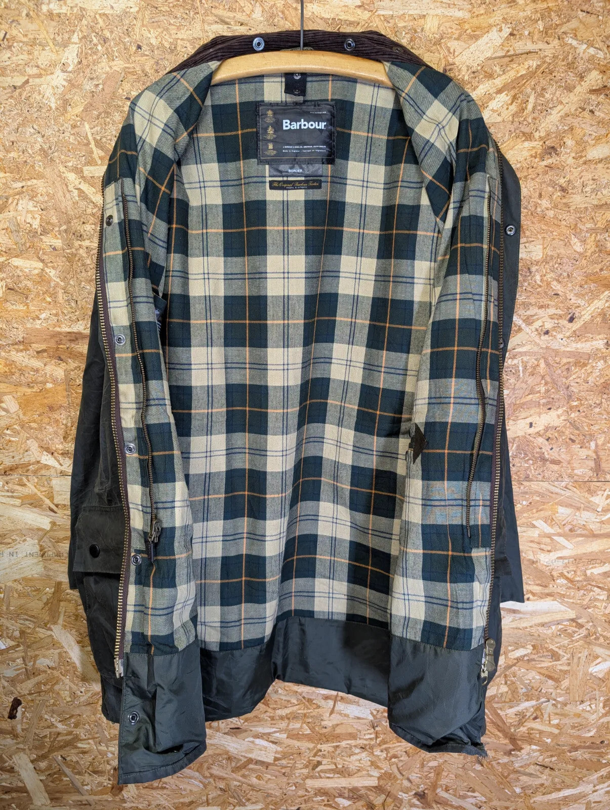 Barbour Border Wax Jacket Mens XXL C46 Olive Green Tartan Lining Cord Collar
