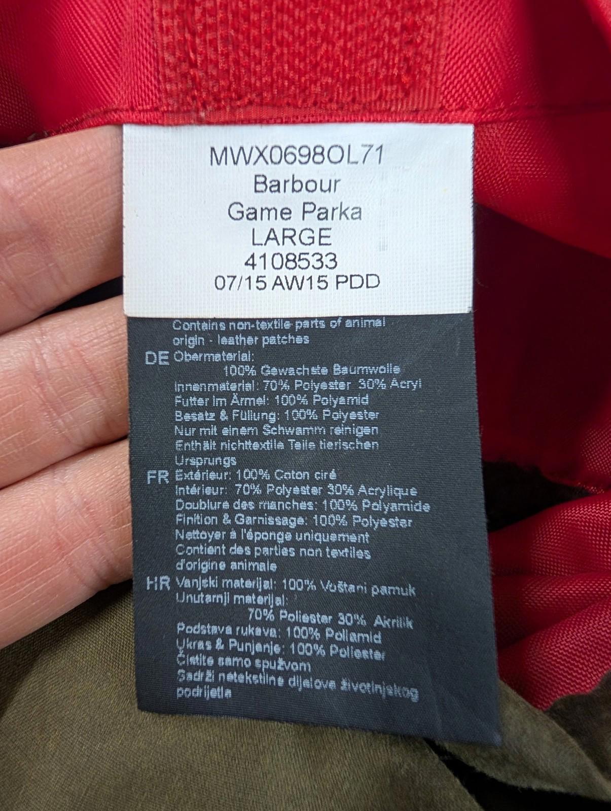 Barbour Game Parka Jacket Large Men Wax Cotton Olive Green Fleece Lined Coat