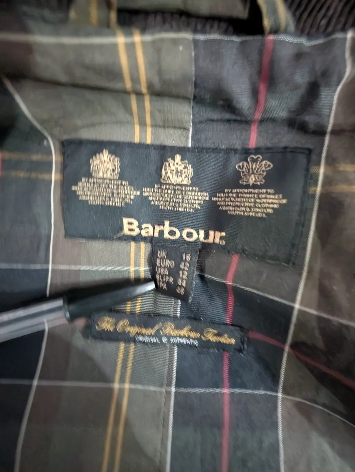 Barbour Flyweight Tartan Wax Jacket Womens UK12 Dark Green Cotton Cord Collar
