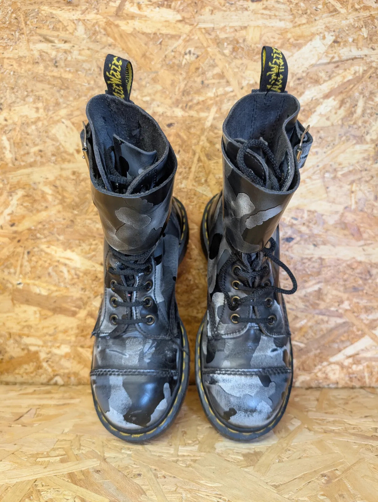 Dr Martens Combat Boots UK 5 Black Silver Leather Camouflage Buckle England Made