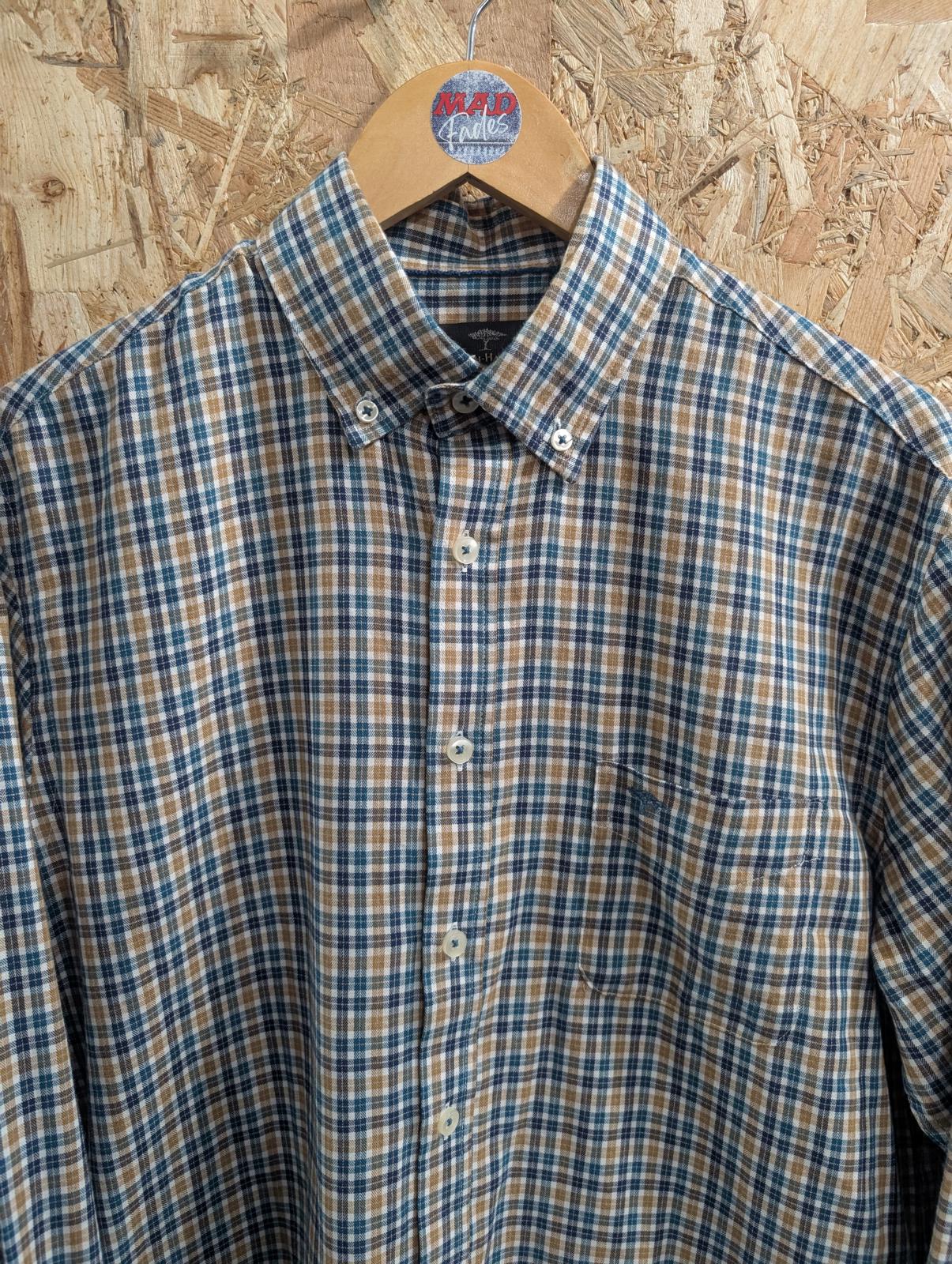 Fynch Hatton Shirt Mens Medium Long Sleeve Pocket Teal Mustard Navy White Check