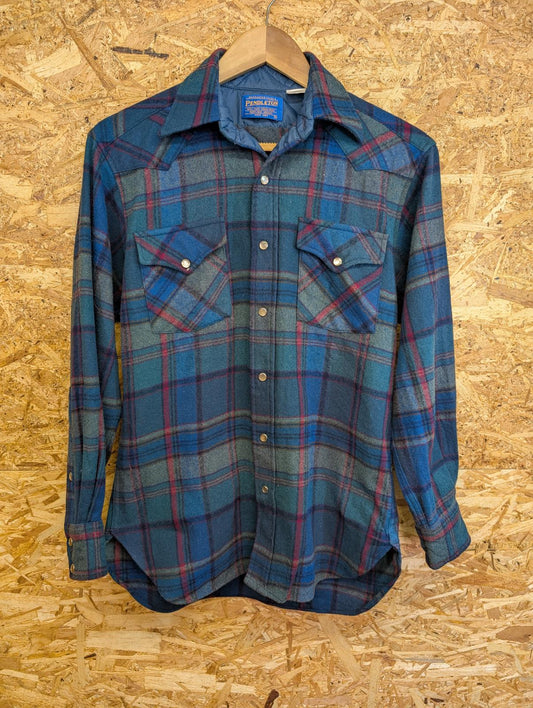 Pendleton Guide Shirt Mens Small Blue Burgundy Check Plaid Wool Made In USA