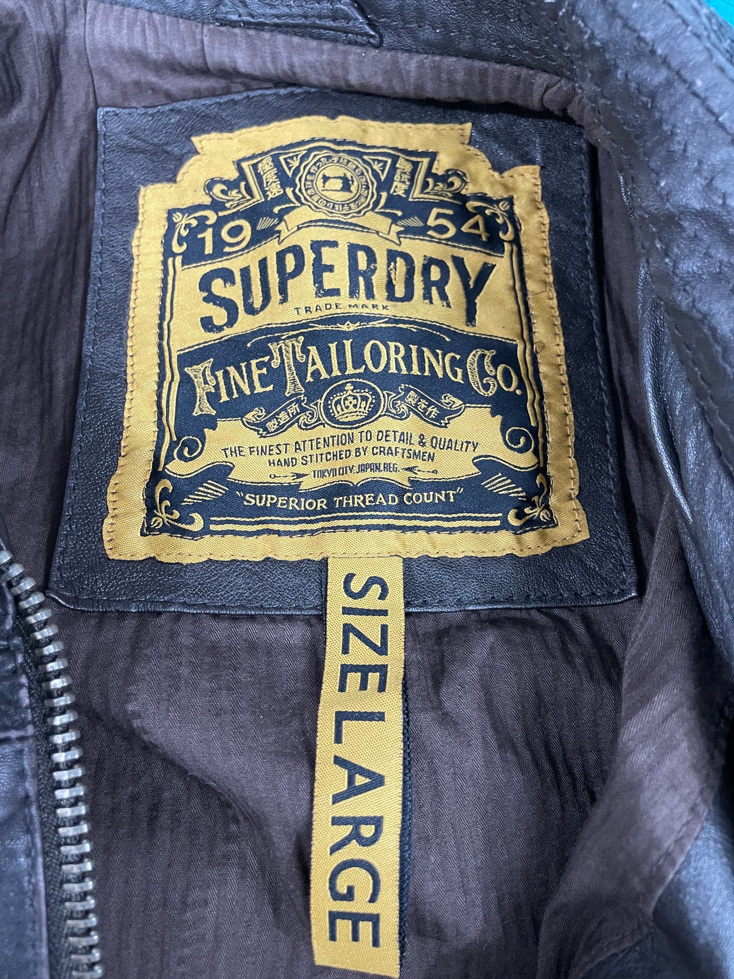 Superdry Brad Genuine Leather Cafe Racer Brown Biker Jacket Pocket Zip Large