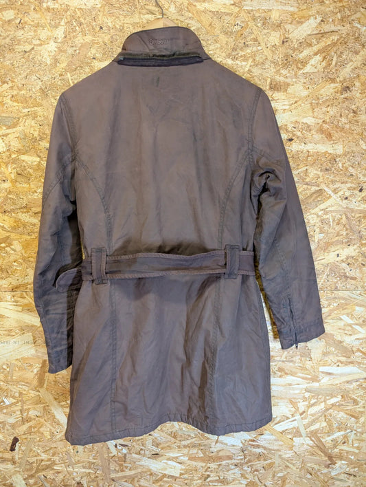 Barbour Cameron Coat Womens UK10 Brown Waxed Cotton Quilted Belted Full Zip