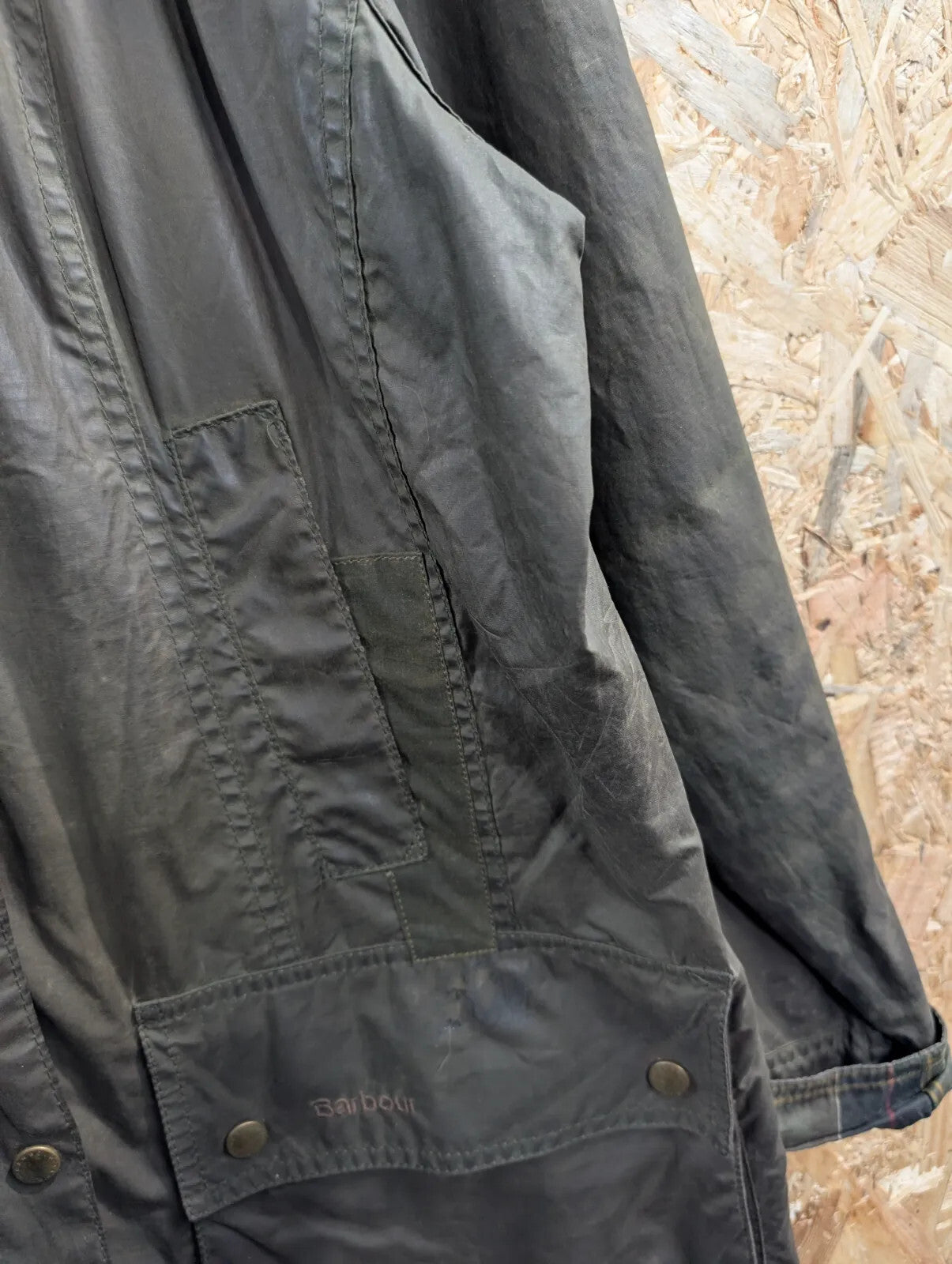 Barbour Flyweight Tartan Wax Jacket Womens UK12 Dark Green Cotton Cord Collar