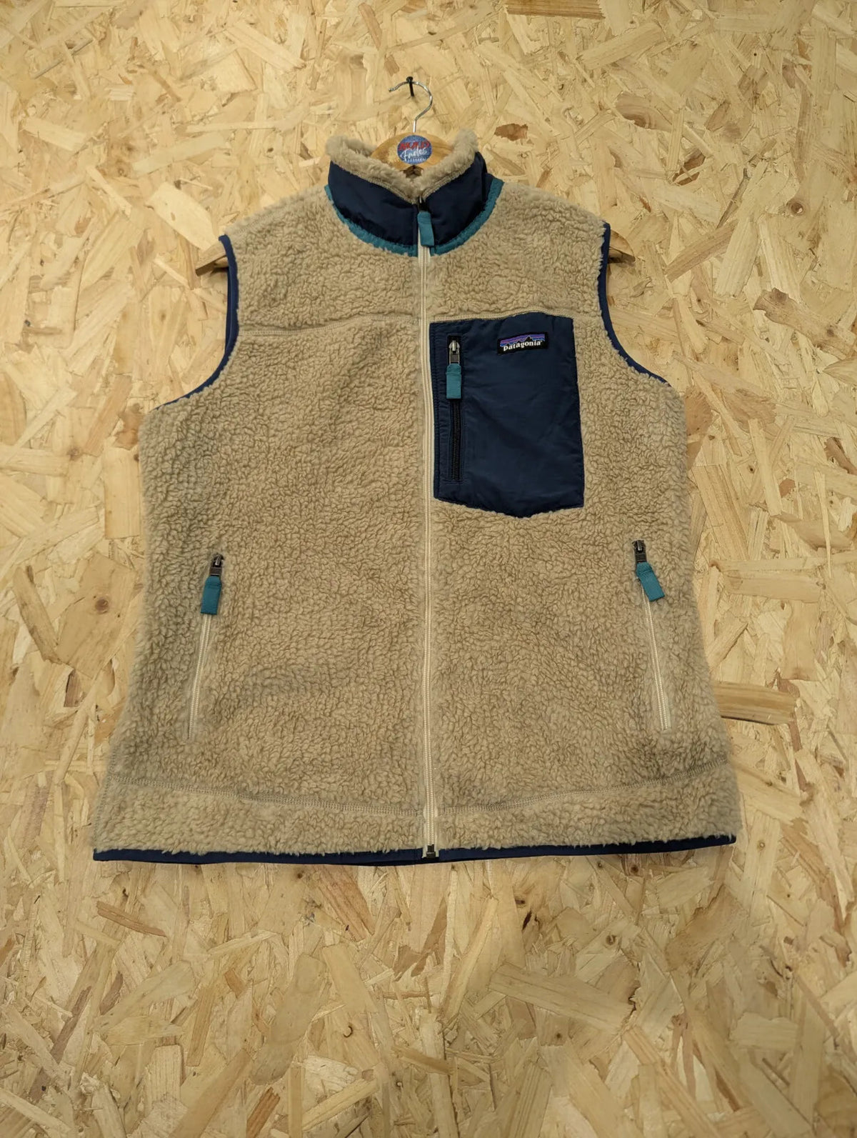 Patagonia Retro-X Fleece Gilet Mens Large Oatmeal Beige Navy Vest Deep Pile